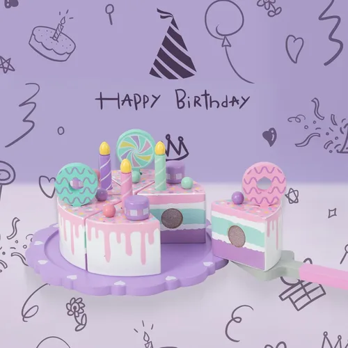 Miniatura 6 de Juguetes de pastel para niños pequeños de 2 a 5 años, juguete de comida de madera para jugar a fingir, pastel de cumpleaños falso, juguete de cocina