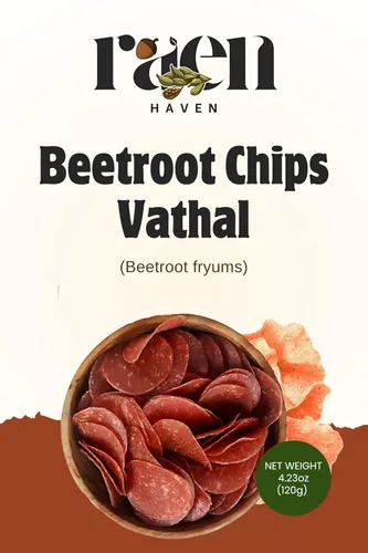 Miniatura 4 de Raen Haven Chips de remolacha Vathal – 4.23 oz – (120 gm) Frituras de remolacha secadas al sol Bocadillo tradicional del sur de la India Sin