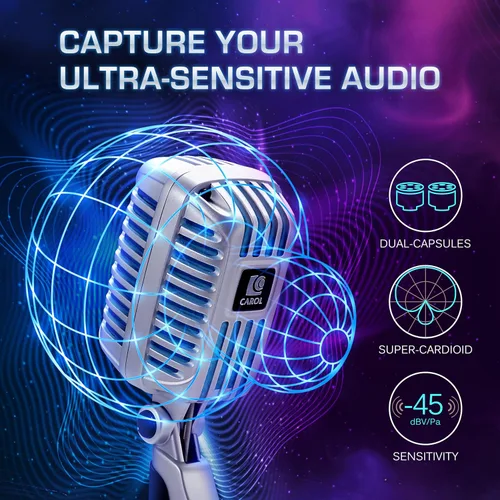 Miniatura 3 de CAROL CLM-101 Micrófono profesional vintage con cable – Supercardioide dinámico con doble micrófono-cápsulas para cantar, karaoke y escenario, Azul