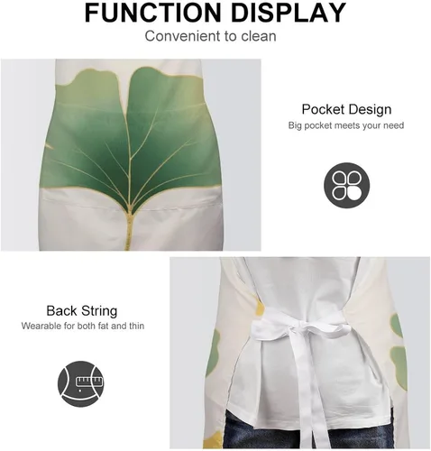 Miniatura 6 de MUSM Apron for Adults - 27.6 X 31.5 Inch, Heavy-Duty Polyester Aprons with Two Large Pockets, Waterproof Green Ginkgo Leaves Kitchen Apron for