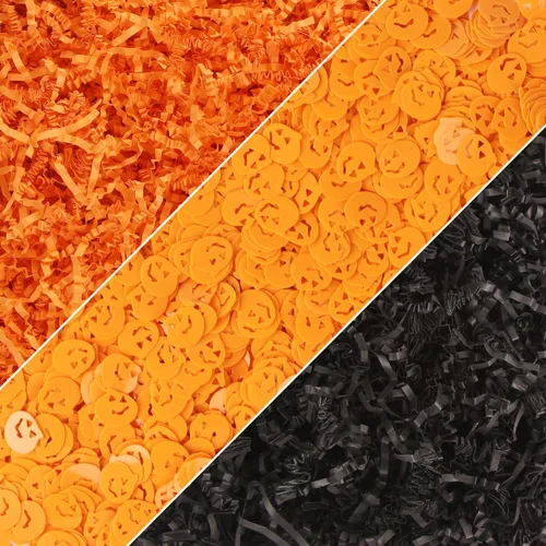 LOMIMOS Papel de rafia de Halloween de 15.87 oz/1 libra, triturado negro y naranja con confeti de calabaza para envolver regalos, manualidades,