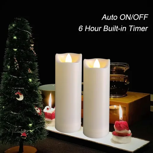 Miniatura 5 de Velas LED operadas por batería de 2"x6" de plástico, parpadeantes, sin llama, con temporizador, impermeables para exteriores, velas de pilar