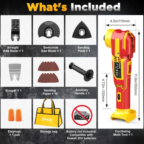 Miniatura 9 de Multiherramienta oscilante inalámbrica compatible con batería DeWalt de 20 V (solo herramienta), 21000 OPM sin escobillas, ángulo de giro de 4.5°