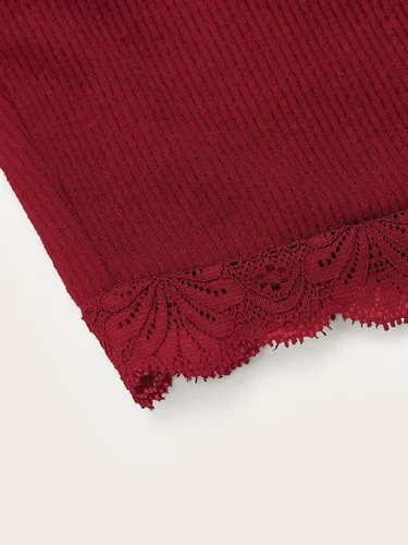 Miniatura 4 de MakeMeChic Camiseta corta sin mangas con cuello en V y ribete de encaje Y2K para mujer