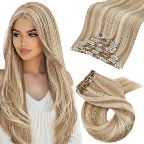 Miniatura 19 de Moresoo Extensiones de cabello humano Remy con clip, color rubio platino, extensiones de cabello humano real de doble trama, color rubio #60, 18