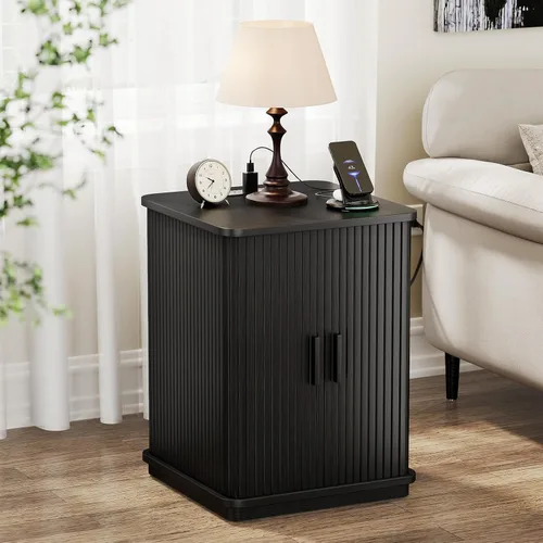 ONBRILL Mesa auxiliar cuadrada con estación de almacenamiento y carga, mesa auxiliar acanalada con puerta corredera y pedestal resistente, mesita de