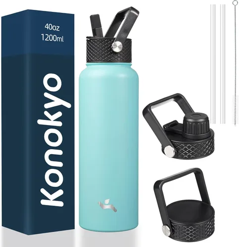 Miniatura 119 de Konokyo - Botella de agua aislada de 18 onzas, botellas deportivas de acero inoxidable con 3 tapas, verde militar