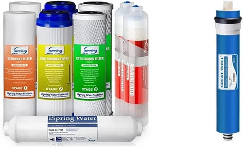 iSpring Reemplazo del filtro de agua de ósmosis inversa de 1 año F9K y membrana de ósmosis inversa Greatwell 100 GPD 11.75 x 1.75 pulgadas,