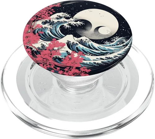 Japón Cherry Blossom Yin Yang Bonsai Great Wave Moon Night PopSockets MagSafe PopGrip para iPhone