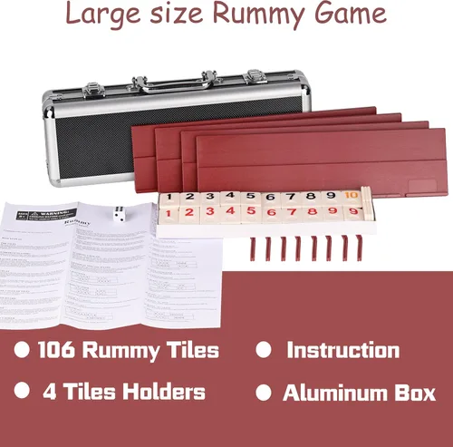 Miniatura 5 de Doublefan Rummy Cube Edición para 4 jugadores, juego de 106 cubos Rummy con 4 estantes de plástico en estuche de aluminio portátil, juego de mesa