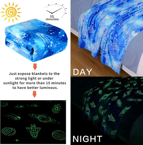 Miniatura 3 de Wesan Manta de galaxia que brilla en la oscuridad, regalos espaciales para niños y niñas, espacio exterior, planetas, naves espaciales, astronomía