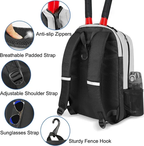 Miniatura 5 de Ytonet Tennis Bag Tennis Backpack for Women Men 2 Rackets with Insulated Pocket Ventilated Shoe Compartment Gris