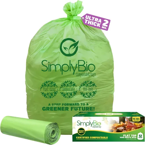 Miniatura 10 de Simply Bio Bolsas de basura compostables de 50-55 galones, parte superior plana, resistentes extragruesas de 1.57 mil, 208.2 litros, 12 bolsas, uso