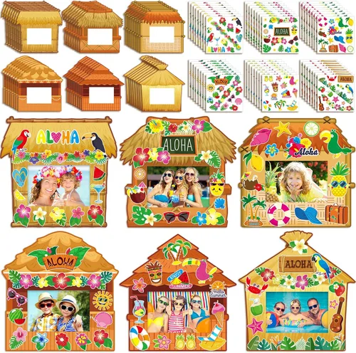 Kigley Paquete de 24 marcos de fotos hawaianos para manualidades con calcomanías, marco de fotos de verano Luau a granel, kit de manualidades Aloha