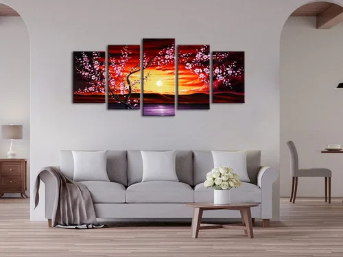 Miniatura 3 de Wieco Art 5 piezas de lienzo con diseño de flor de ciruelo, arte de pared, cuadros florales abstractos, pinturas decorativas para decoración