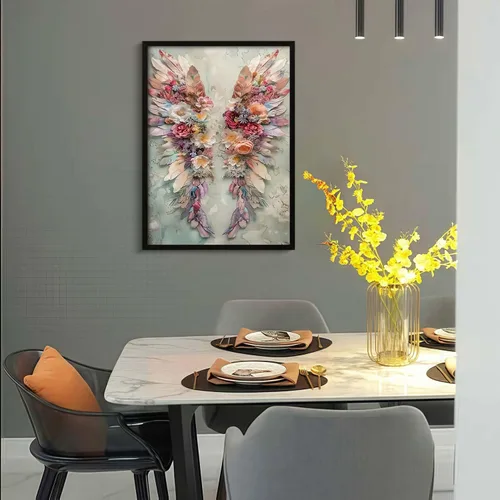 Miniatura 2 de Arte de pared enmarcado abstracto floral con alas de ángel, impresión en lienzo, póster romántico de galería, imagen elegante con plumas y flores