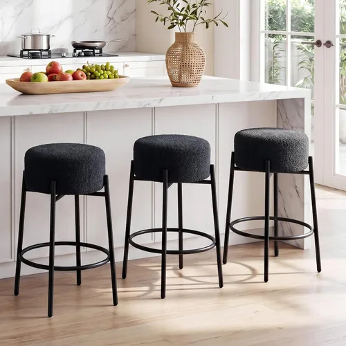 Miniatura 14 de Juego de 2 taburetes de bar modernos de altura de mostrador, taburetes de bar giratorios negros Boucle para isla de cocina, cómodas sillas tapizadas