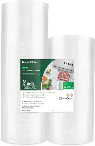 Bonsenkitchen Bolsas de sellado de alimentos al vacío, 8 pulgadas x 50 pies y 11 pulgadas x 50 pies, rollos de bolsa de grado comercial sin BPA,