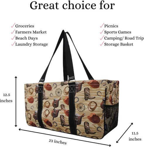 Miniatura 265 de NGIL Bolsa de comestibles reutilizable extra grande plegable de gran tamaño para comestibles, almacenamiento, picnic, playa, Bronco-negro occidental