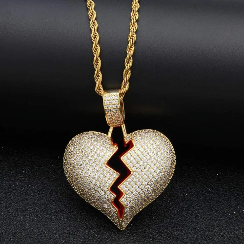 Miniatura 3 de putouzip Cadenas de corazón roto para hombre, chapado en oro de 18 quilates, collar de cadena de eslabones con colgante