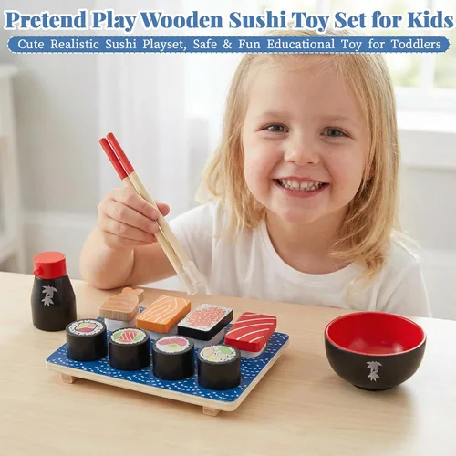 Miniatura 5 de Juego de comida para cortar sushi, juguetes de cocina de madera para niños de 3 años en adelante, juguete de aprendizaje de sushi para niñas y niños