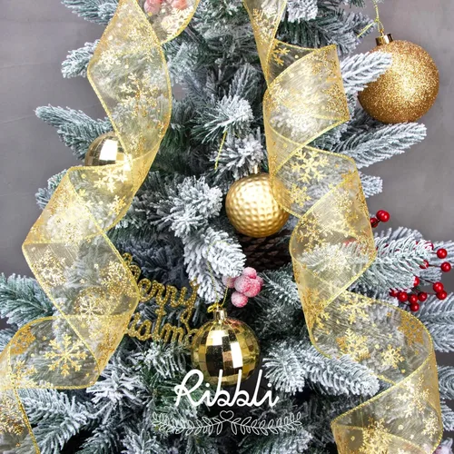 Miniatura 2 de Ribbli Cinta con alambre de purpurina de copo de nieve, organza dorada transparente con patrón de copo de nieve con purpurina dorada y borde