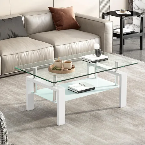 Miniatura 7 de Mesa de centro moderna de vidrio templado transparente, mesa auxiliar rectangular de 2 niveles con estante de almacenamiento inferior, patas de Negro