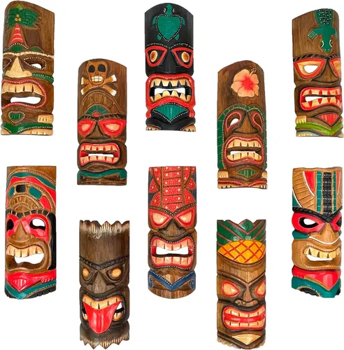 Miniatura 11 de Zeckos Juego de 2 máscaras de pared Tiki de madera tallada a mano, 39 pulgadas de alto, acabado envejecido pintado, esculturas de pared para sala