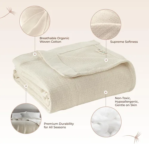 Miniatura 3 de Manta 100% algodón orgánico – Manta de algodón orgánico certificado GOTS & Fairtrade para cama con tejido de punto individual suave, pesado