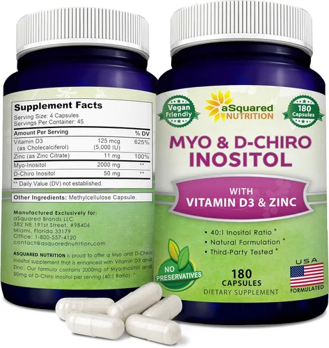 aSquared Nutrition Suplemento de mio-inositol y D-Chiro inositol - 180 cápsulas - Más vitamina D3 y zinc - Proporción de mio y D-Chiro inositol 40 a