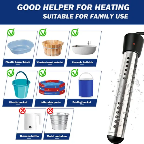 Miniatura 5 de Calentador de agua de inmersión portátil de 2000 W, con protector de acero inoxidable y termómetro digital, calentador eléctrico sumergible rápido