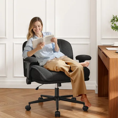Miniatura 4 de DurayLoly Silla de Oficina con Piernas Cruzadas con Brazos Abatibles, Silla de Piernas Cruzadas Ancha con Ruedas y Asiento Extra Profundo Engrosado