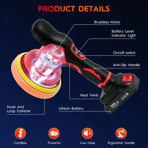 Miniatura 7 de Kit de pulidor inalámbrico para automóvil con baterías de 2 x 21 V, pulidora de automóvil de 6 pulgadas con 8 velocidades variables de 2800-6000 RPM