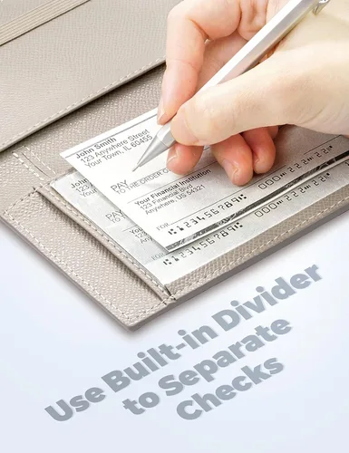 Miniatura 74 de Yarnic Funda para chequera personal, soporte para chequera con soporte para bolígrafo y divisor de plástico transparente integrado para cheques Rosa