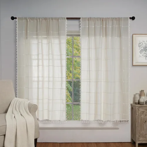 ColorBird Cortinas a cuadros beige, bordadas blancas de 63 pulgadas, cortinas y cortinas bohemias de granja para sala de estar, textura de lino,