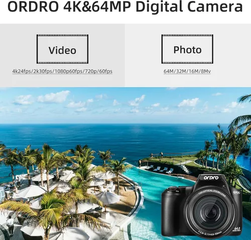 Miniatura 4 de Cámara digital 4K para fotografía y video, cámara de zoom óptico 12X con pantalla abatible, pantalla táctil WiFi de 64 MP con flash, tarjeta de 64