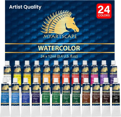 MyArtscape Juego de pintura de acuarela, 24 colores, tubos de 24 x 0.4 fl oz (0.4 fl oz), pinturas de acuarela profesionales, pigmentos resistentes