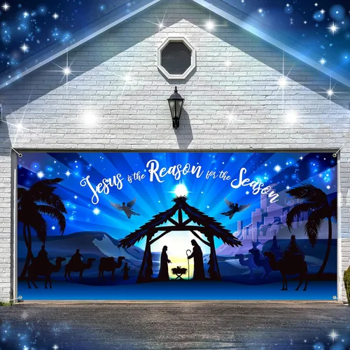 Qeeenar Decoraciones Navideñas para Puerta de Garaje Establo de la Natividad Cubierta de Puerta de Garaje 6 x 13 pies Pesebre para Escena de la