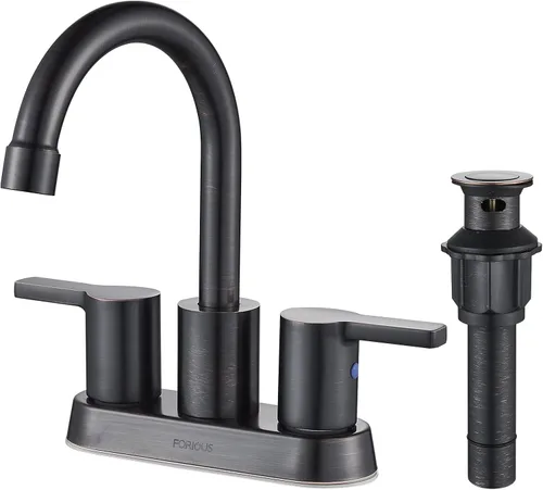 Miniatura 22 de FORIOUS Juego central de grifo de baño dorado cepillado de 4 pulgadas, 2 manijas y 2 agujeros dorados para tocador de baño con metal emergente
