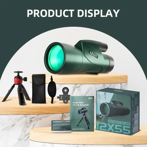 Miniatura 7 de Gosky Telescopio monocular HD de 12 x 55 con prisma BAK4 y lente FMC, ligero con adaptador para teléfono inteligente, para observación de aves