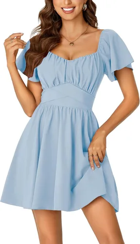 Miniatura 23 de Rooscier Minivestido acampanado de manga corta con volantes, cuello cuadrado, envolvente y espalda anudada para mujer