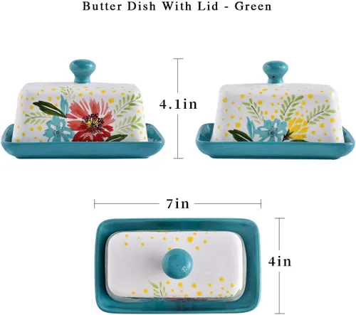 Miniatura 2 de Mantequillera de cerámica con tapa con tapa para mantequilla con tapa para encimera de mantequilla de flores