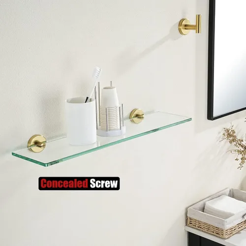 Miniatura 5 de JQK Estante de baño de vidrio dorado, vidrio templado para ducha de 20 por 5 pulgadas, 304 acero inoxidable dorado cepillado para montaje en pared