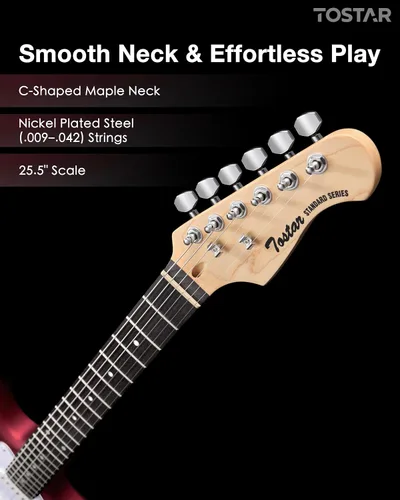Miniatura 3 de Tostar Kit de guitarra eléctrica con amplificador, 39 pulgadas, tamaño completo, 6 cuerdas, ligero, diseño de cuerpo redondeado, interruptor