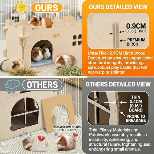 Miniatura 3 de Casa Castle Chinchilla, Refugio para Animales Pequeños para Chinchilla, Conejillo de Indias, Erizo o Rata, Cabaña de Madera Ventilada para Conejillo