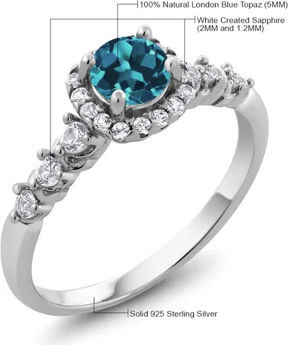 Miniatura 4 de Gem Stone King Anillo de compromiso redondo de plata de ley 925 con topacio azul londinense y zafiro blanco creado para mujer