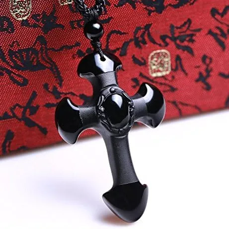 Miniatura 2 de Colgante de cruz de obsidiana natural, Piedra, obsidiana