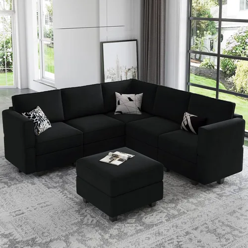 Belffin - Sofá seccional modular con asientos de almacenamiento de terciopelo, en forma de L, con rincón, convertible, con diván, color negro