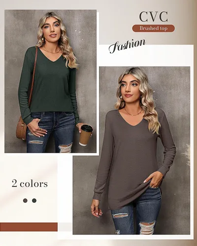 Miniatura 8 de Riyiper 2 camisetas de manga larga para mujer, cuello en V, lisas, casuales, holgadas, camisetas