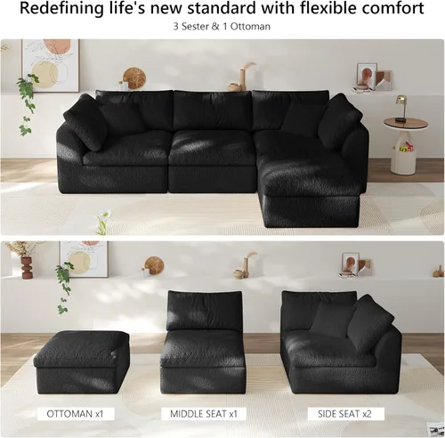Miniatura 8 de Sofá modular de nube sin hueso de 108 pulgadas con asiento profundo para sala de estar, sofá en forma de L con otomana, tela de copo de nieve y Negro